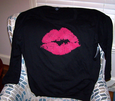 Torrid Women's Plus Size Black Long sleeve soft Shirt With 3D Red Lips 3x New WT