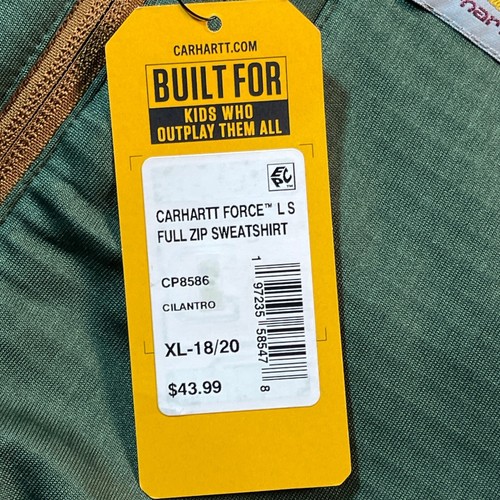 Carhartt Force Hoodie Kids XL Green Full Zip Sweatshirt 18/20 Cilantro Outdoorsy - Picture 7 of 10