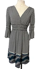 Max Edition Studio Dress Green Blue Ivory M Medium 3/4 Long Sleeve Washable