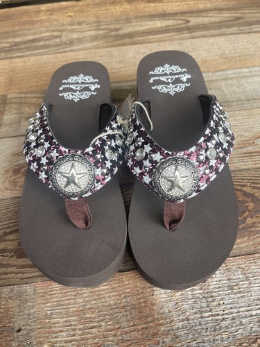 MONTANA WEST STAR CONCHE BROWN SOLE BURGANDY BLING FLIP FLOPS SIZE 8 **NEW**