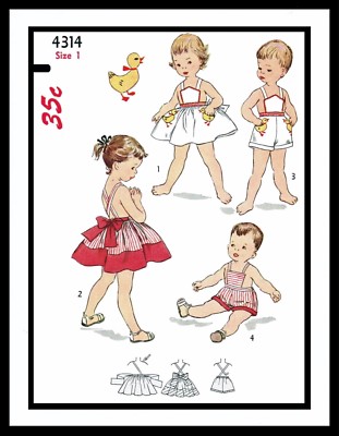 SIMPLICITY 4314 Pattern Playsuit Sunsuit Dress Frock BABY BOY GIRLS Child 1/2/3