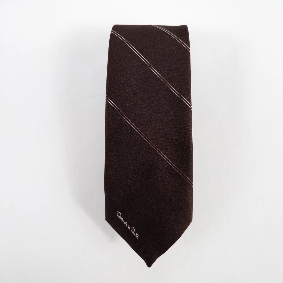 Corbata vintage Oscar De La Renta marrón a rayas diagonales mezcla de seda tejida 54,5" x 3" Foto 2 de 4