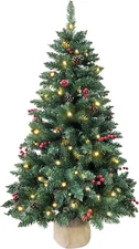 4Ft Pre-Lit Christmas Tree,Artificial Pine 300 PVC Branches Tips with 20 Red Ber