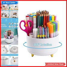 360 Rotating Desk Organizer 5 Compartment Pen Pencil Holder ABS Plastic White