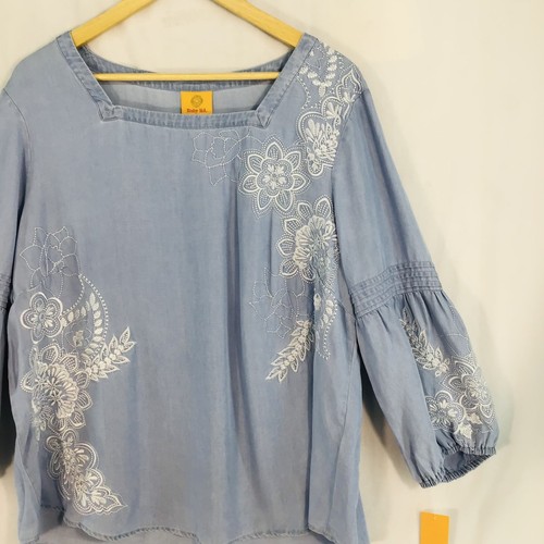 Ruby Rd. NEW Peasant Tunic Top Womens XL Tinted Tides Chambray Blue Embroidered - Picture 6 of 17