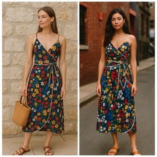 Tory Burch Navy Blue Floral Grotto Midi Wrap Dress Size 8