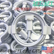 Bulk Lot 60W Fast Charger PD Cable USB-C Cord For iPhone 15 16 17 18 Pro Samsung