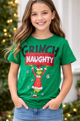 The Grinch Naughty/Nice Reversible Sequins T-Shirt Christmas Green Girls Small
