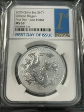 HK NGC MS69 2025 China 10YUAN Chinese 2025 Dragon Silver Coin First Day of Issue