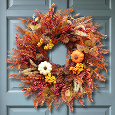 22 Inch Eucalyptus Fall Wreath for Front Door with Mixed Berry and Pumpkins
