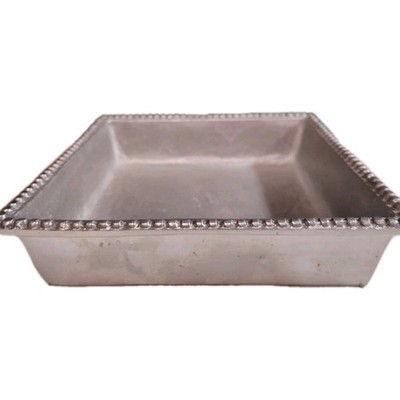 Vintage Sandcast Aluminum Square Beaded Bowl 7'' Hand-Cast Silver Metal India