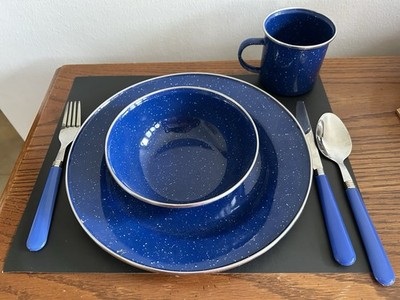 Speckled Blue Enamelware Graniteware Camping 6 Pc Set Dish Bowl Cup & Utensils