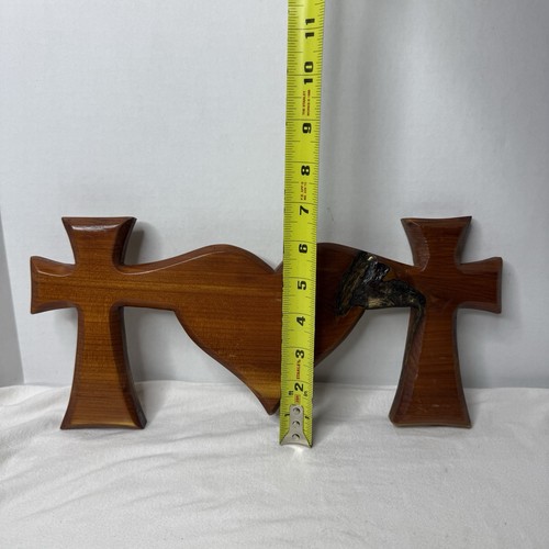 Hand Carved Two Crosses Connected To A Heart Cherry Color Wood Wall Mount - Picture 8 of 8