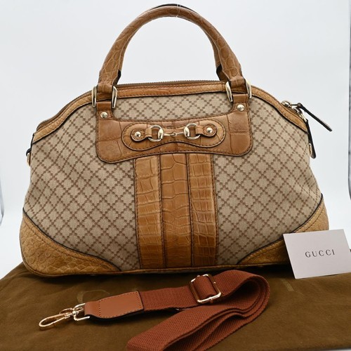 GUCCI Diamante Canvas Leather Tote Handbag 2way Shoulder Brown Vintage FromJapan