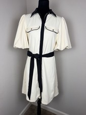 Karen Millen Cream & Black Contrast Puff Sleeve Shirt Dress Belted Size US 6