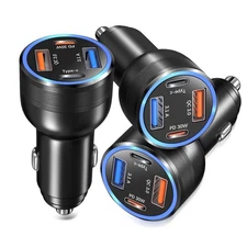 USB C Car Charger 3 Pack, Bangfun 4-Port 65W Dual 12V USB-C & 3 Black 