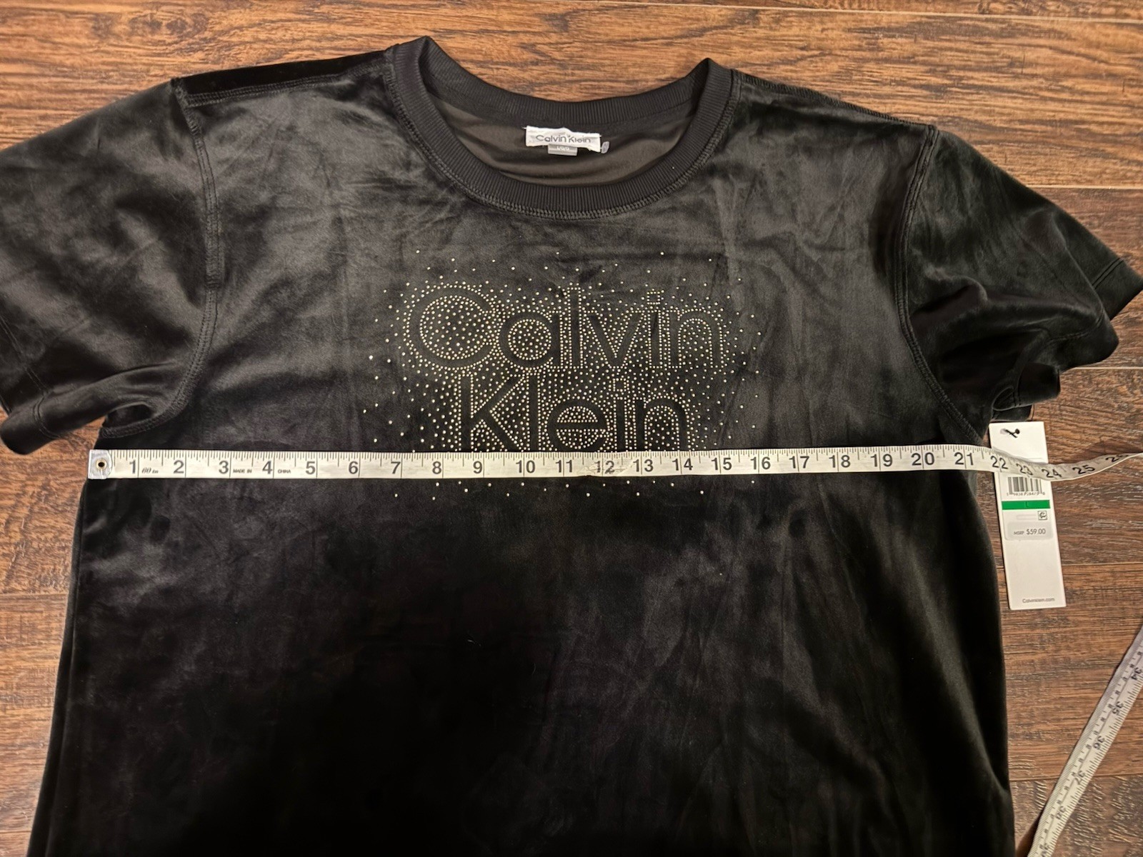 Calvin Klein Black Velour Velvet Black Embellished T-Shirt Dress NWT Size Large thumbnail 5