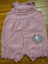 Vintage baby girl seersucker gingham red romper with ruffles snaps 18 month