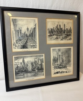 Vintage Framed Set  Of 4 NYC Etchings, Mid Century Circa 1950 s, 1960 s