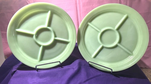 RARE Vtg Fire King Jadeite Restaurant 5 Divided Plates 9 5/8”D 50’s Set Of 2