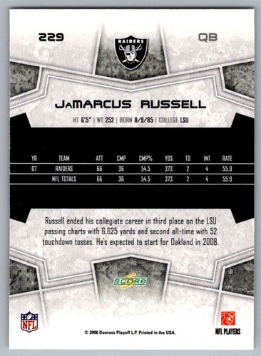 2008 Score JaMarcus Russell Oakland Raiders #229 - Picture 2 of 2