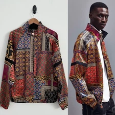 Urban Outfitter Men Small Multi Long Sleeve Satin Scarf Print Zip Bomber Jacket