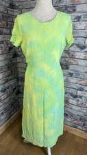 Vintage Women’s Emerald Green Yellow Midi Chiffon A-Line Dress Size UK 16