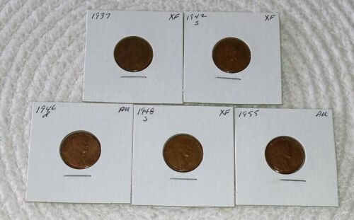 5 Wheat Pennies 1937-1955 (4P16-20) Vintage Wheat Pennies Add to Your collection - Picture 2 of 4
