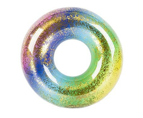 Kids 24" Swim Ring Deluxe Glitter Filled Rainbow Inflatable Floats Beach Pool UK