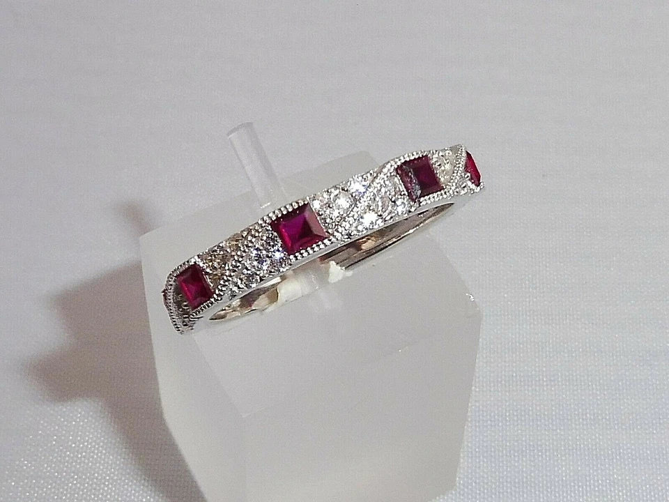 Ladies Art Deco Halo Style 925 Sterling Silver Sapphire & Ruby Eternity Ring - Image 4 of 4