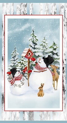 23'' Fabric Panel - Henry Glass Christmas Snow Days Snowman Scene Blue White