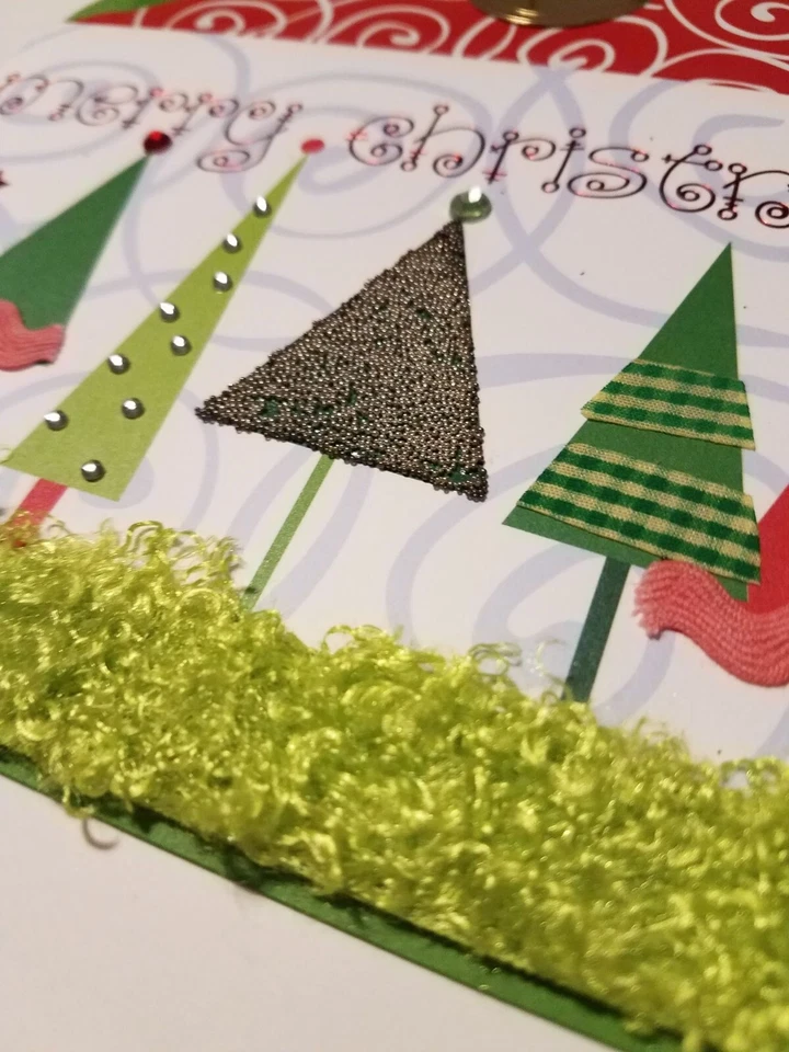 Lot Of 5 Papyrus Textured Fabric Decorated Christmas Trees Cards W/ Envelope  - Image 3 of 4