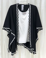 Chico's Black White Sweater Poncho Womens Medium Shawl Open Cardigan and Tank