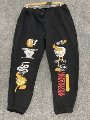 Boohoo Sweatpants Mens 3XL Skull Butterfly Print Black Joggers Stretch N279 