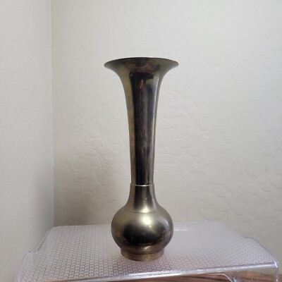 Vintage Brass Slim Trumpet Vase Minimalist Chic Boho Decor 9.5''h Made in India