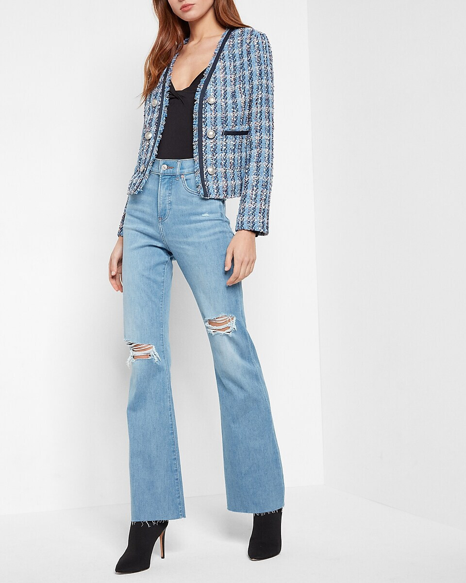 NEW EXPRESS $148 BLUE PLAID BOUCLE EYELASH TWEED JACKET SZ XS