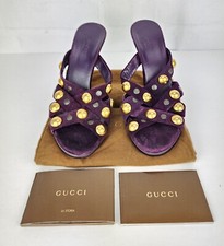 Gucci Babouska Mule Suede Slides Purple Heels Crossover Straps Open Toe Size 8.5