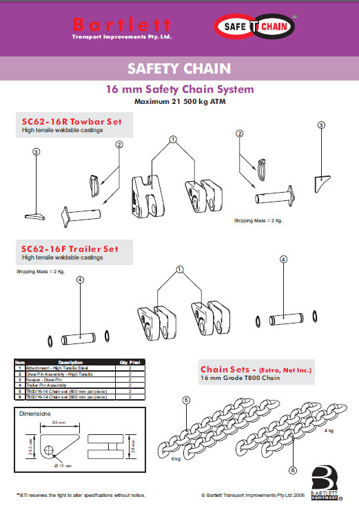 Bartlett Trailer Safety Chain Attachment Kits 16mm System Trailer