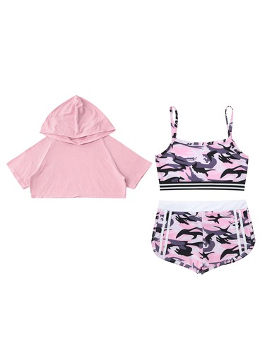 Girls 3 Piece Tracksuit Short Sleeve Hoodies Crop Tank Top Shorts Outfit Workout - Picture 10 of 25