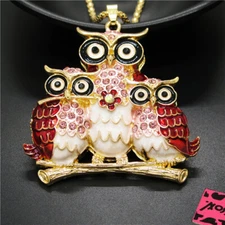 Hot Fashion Women Red Enamel Cute Three Owls Crystal Pendant Chain Necklace