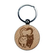 Cat Couple Heart Tails Cute Engraved Wood Round Keychain Tag Charm