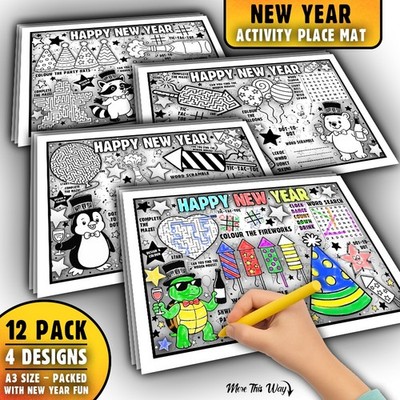 Happy New Year Colouring Activity Tischsets - 12er Pack - A3 Kinder Activity Blätter