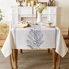 Linen Style Embroidered Tablecloth, Waterproof 102" x 55" Rectangular Blue