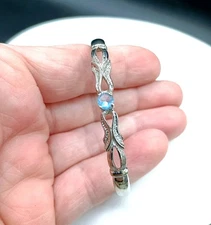 Victorian Revival Cuff Bracelet Aqua Blue Crystal Ornate Silver Tone Slim Hinged