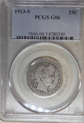 1913 S Barber Quarter PCGS G6 Good 6.  Free Shipping.