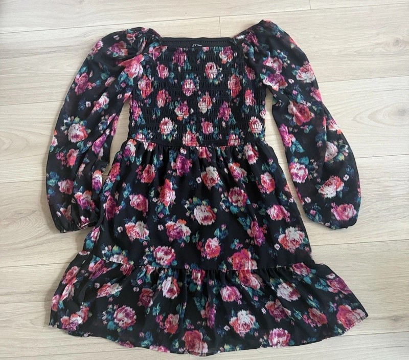 Girl’s Spring Fall Dress Worn 1x Size Xl 14 Youth Floral black pink