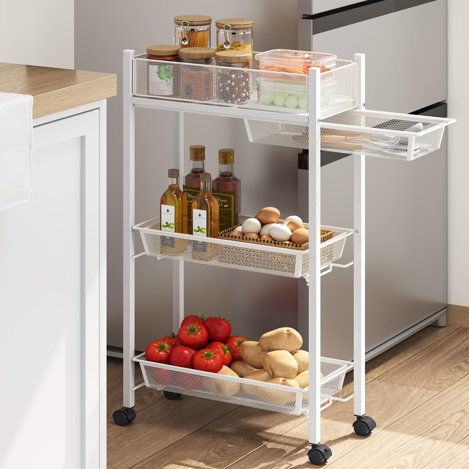 Slim Storage Cart, 3 Tier Metal Rolling Cart with Drawer, Bathroom Utility Ca...