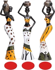 3 Pack African Women Sculpture, 7.5" Exotic Tribal Lady Figurine, Black Statue H