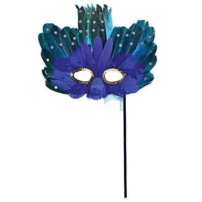 BLUE/GN FEATHER EYE MASK/STICK Costume Accs NEU