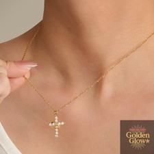 14K Gold Plated Crown Cross Necklace for Women,Cubic Zirconia Jewelry Faith